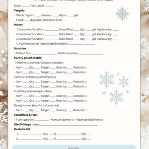 May include: A pantry and water inventory tracker with a winter theme. The document includes sections for water, food, and essential supplies, with spaces to record quantities, dates, and targets. The title "PANTRY & WATER INVENTORY" is at the top.