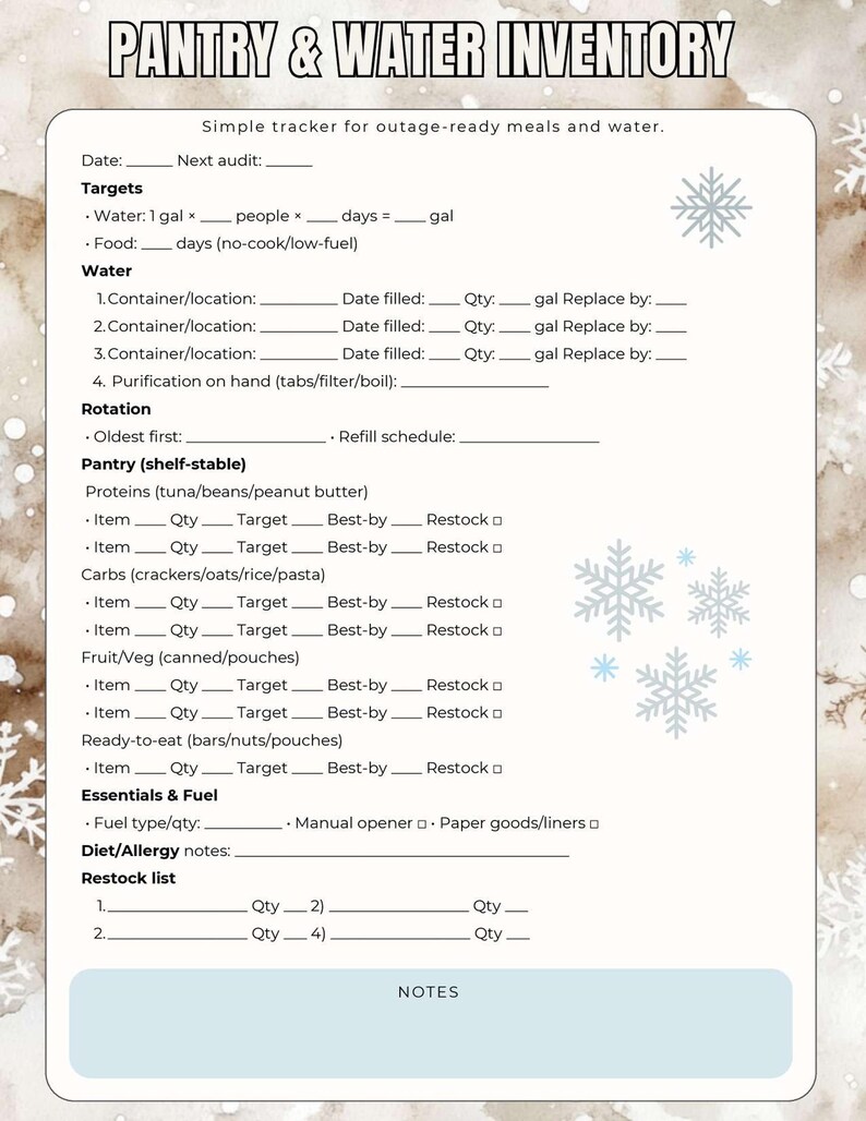 May include: A pantry and water inventory tracker with a winter theme. The document includes sections for water, food, and essential supplies, with spaces to record quantities, dates, and targets. The title "PANTRY & WATER INVENTORY" is at the top.