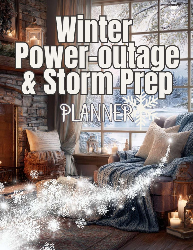 May include: An interior scene with a fireplace, armchair, and a window with a snowy view. The text "Winter Power-outage & Storm Prep Planner" is visible. The image features decorative snowflakes and candles, creating a winter theme.
