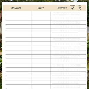 May include: A printable freezer inventory sheet with a tan header that reads "Freezer Inventory" in cursive. The sheet has columns for item/food, use by date, quantity, availability, and whether the item has been used. The background is a blurred image of a barn.