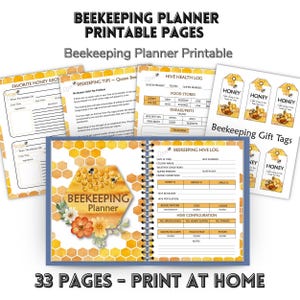 May include: A beekeeping planner with printable pages, featuring a spiral-bound notebook, recipe cards, hive health logs, and gift tags. The planner includes the text "Beekeeping Planner Printable" and "33 Pages - Print at Home."