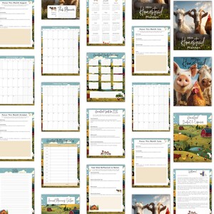 May include: A collection of planner pages with a farm theme. The pages include monthly calendars, goal-setting sheets, and budget trackers. The planner features images of farm animals and the text "Homestead Planner".