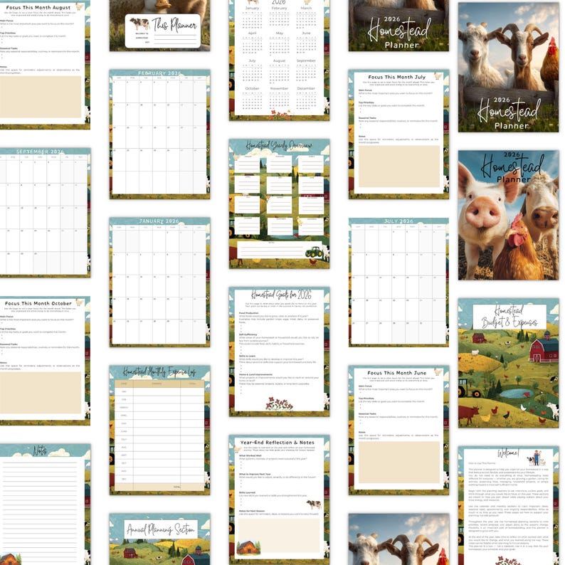 May include: A collection of planner pages with a farm theme. The pages include monthly calendars, goal-setting sheets, and budget trackers. The planner features images of farm animals and the text "Homestead Planner".
