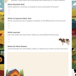 May include: A printable Year-End Reflection & Notes page with a pastoral theme. The page includes sections for reflection on the year's successes, areas for improvement, skills learned, and notes for the next season. Illustrations of a chicken, cow, and barn are included.