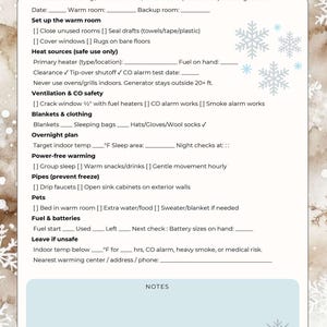 May include: A preparedness checklist titled "HEAT & SHETER PLAN" with sections for safe warming, ventilation, and overnight plans. Includes checklists for setting up a warm room, heat sources, and fuel and batteries. The background has a winter theme.