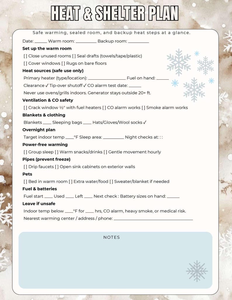 May include: A preparedness checklist titled "HEAT & SHETER PLAN" with sections for safe warming, ventilation, and overnight plans. Includes checklists for setting up a warm room, heat sources, and fuel and batteries. The background has a winter theme.
