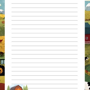 May include: Lined notepad with a farm scene border. The top of the page has the word "Notes" in cursive. The bottom of the page has a barn illustration with string lights. The background features a blue sky with clouds and a green field.