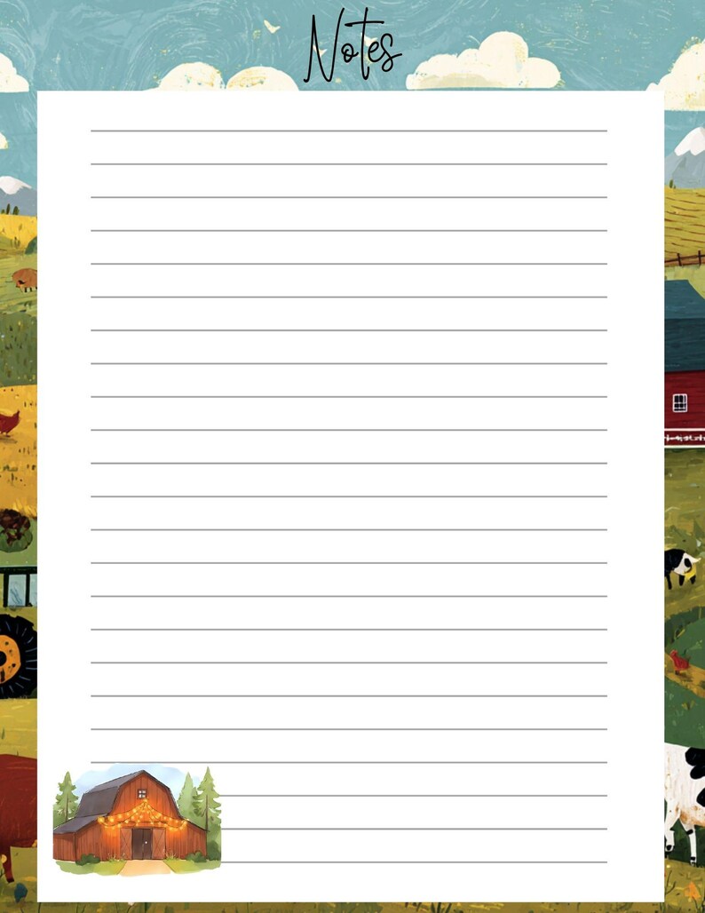 May include: Lined notepad with a farm scene border. The top of the page has the word "Notes" in cursive. The bottom of the page has a barn illustration with string lights. The background features a blue sky with clouds and a green field.