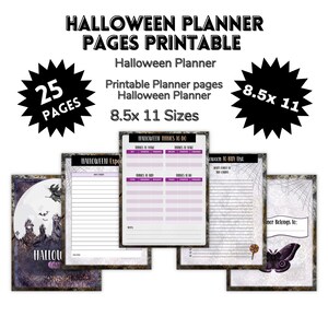 May include: A printable Halloween planner with 25 pages, featuring a spooky design. The planner includes pages for to-do lists, shopping lists, and more. The planner is 8.5 x 11 inches in size.