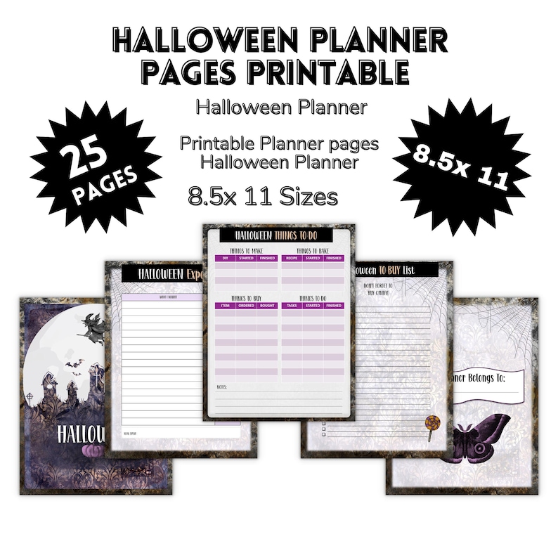May include: A printable Halloween planner with 25 pages, featuring a spooky design. The planner includes pages for to-do lists, shopping lists, and more. The planner is 8.5 x 11 inches in size.