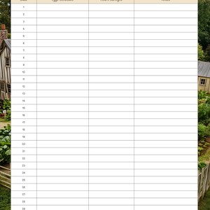 May include: A beige Egg Monthly Collection chart with columns for date, eggs collected, hours of sunlight, and notes. The top banner features the title and illustrations of chickens. The background shows a rural landscape with a house and fence.