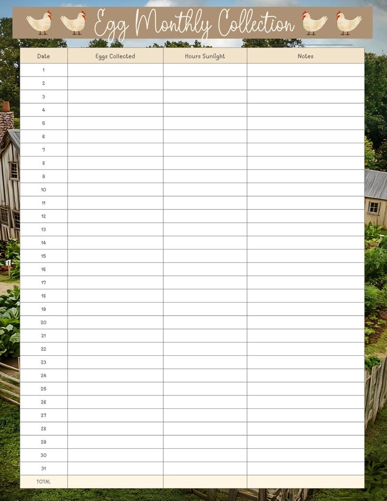 May include: A beige Egg Monthly Collection chart with columns for date, eggs collected, hours of sunlight, and notes. The top banner features the title and illustrations of chickens. The background shows a rural landscape with a house and fence.