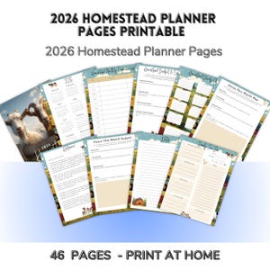 May include: A collection of printable 2026 Homestead Planner Pages. The pages include a calendar, budget, and to-do lists. The cover features a goat image. The text reads "2026 Homestead Planner Pages Printable" and "46 Pages - Print at Home".