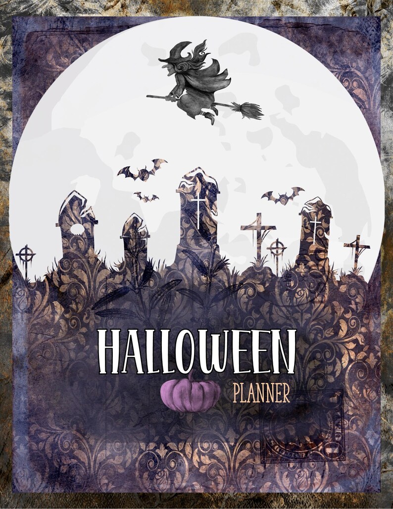 May include: Halloween planner with a spooky design. The cover features a witch on a broom flying in front of a full moon, with bats, tombstones, and crosses. The word "HALLOWEEN" is displayed above a purple pumpkin and the word "PLANNER".