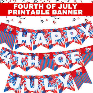 Może przedstawiać: Drukowny baner na 4 lipca z napisem "HAPPY 4TH OF JULY" białymi literami. Baner zawiera czerwone, białe i niebieskie wzory tie-dye oraz patriotyczne dekoracje, idealne na obchody Dnia Niepodległości.