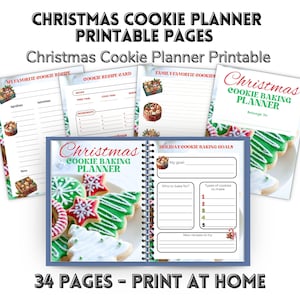 Könnte beinhalten: Ein Weihnachts-Cookie-Backplaner mit druckbaren Seiten. Der Planer enthält Rezeptkarten, Backziele und Platz für Notizen. Das Cover zeigt festliche Kekse. Der Text lautet "Christmas Cookie Planner Printable Pages" und "34 Pages - Print at Home."