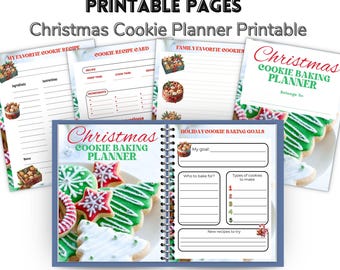 May include: A Christmas Cookie Baking Planner with printable pages. The planner includes recipe cards, baking goals, and space for notes. The cover features festive cookies. The text reads "Christmas Cookie Planner Printable Pages" and "34 Pages - Print at Home."