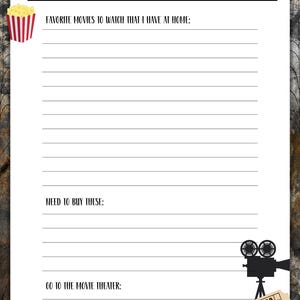 May include: A white Halloween movie list with the text "Halloween MOVIES To Watch". The list includes sections for favorite movies, movies to buy, and movies to see at the theater. Includes popcorn and movie camera graphics.