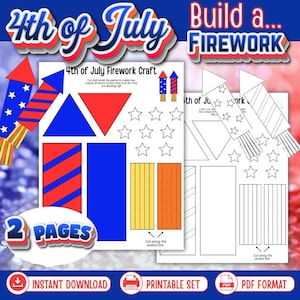 Puede incluir: Un set imprimible de manualidades de fuegos artificiales del 4 de julio con dos páginas de componentes de cohetes para recortar y pegar. Una página muestra formas coloreadas que incluyen triángulos, rectángulos, estrellas y tiras amarillas y naranjas. La segunda página muestra contornos idénticos para colorear.