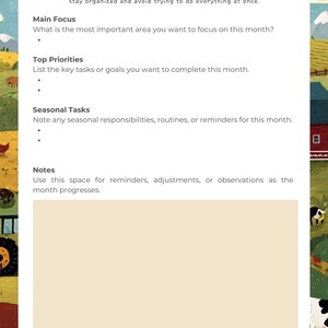 May include: A planner page titled "Focus This Month October" with sections for main focus, top priorities, and seasonal tasks. The page has a pastoral illustration with a chicken, fields, and a red barn.