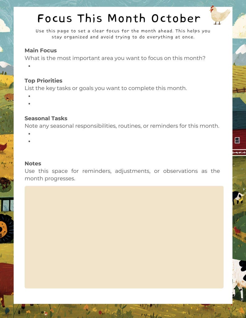 May include: A planner page titled "Focus This Month October" with sections for main focus, top priorities, and seasonal tasks. The page has a pastoral illustration with a chicken, fields, and a red barn.