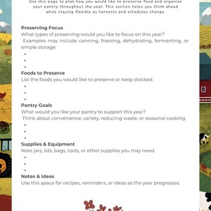 May include: A printable planner page titled "Preserving & Pantry Goals" with sections for planning food preservation and pantry organization. Includes prompts for focus, foods, goals, supplies, and notes. Features a pastoral illustration.