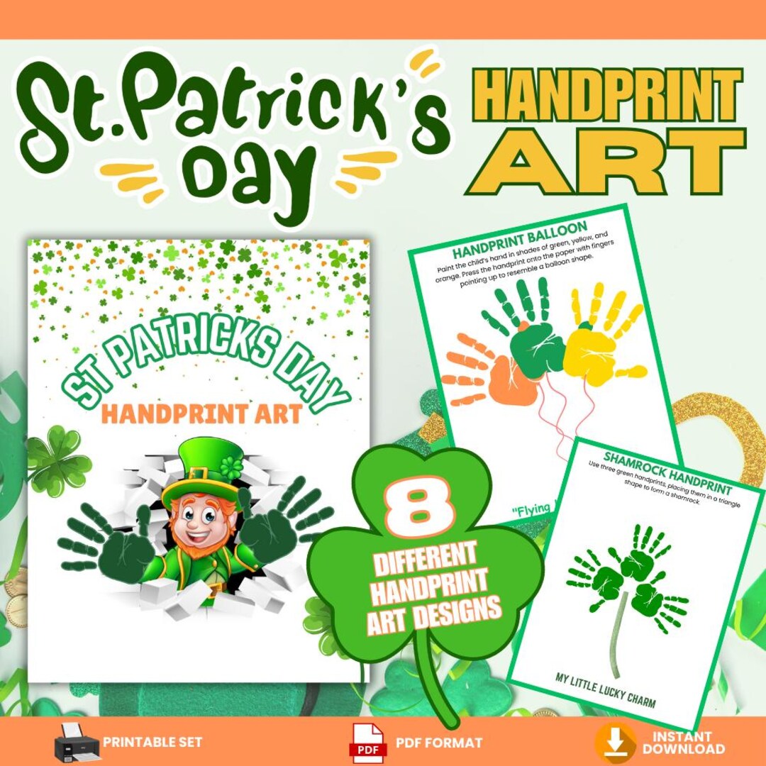 St Patricks Day Handprint Art Printable Bundle , Toddler Shamrock Craft ...