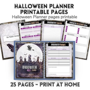May include: A Halloween planner with printable pages. The planner includes sections for to-do lists, expenses, decoration ideas, and a budget. The cover features a spooky graveyard scene with a full moon and a witch flying on a broomstick. The text says "Halloween Planner" and "25 Pages - Print at Home."