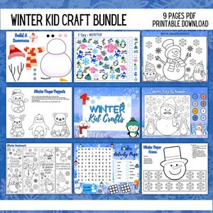 May include: A printable winter-themed craft bundle for kids. The PDF download includes nine pages of activities, such as building a snowman, I Spy games, coloring pages, finger puppets, and word searches. The title "Winter Kid Craft Bundle" is displayed at the top.