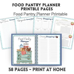 Könnte beinhalten: Ein druckbarer Vorratskammerplaner mit Seiten für Inventar, Einkaufslisten und Rezepte. Der Planer zeigt eine Aquarellillustration eines Vintage-Schranks mit Lebensmitteln. Der Text lautet "Food Pantry Planner Printable Pages" und "58 PAGES - PRINT AT HOME."