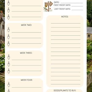 May include: A Weekly Planting Checklist with a beige background and a garden scene. The top of the checklist reads "Weekly Planting Checklist". The checklist includes sections for weeks one through four, date, frost dates, notes, and seeds/plants to buy.