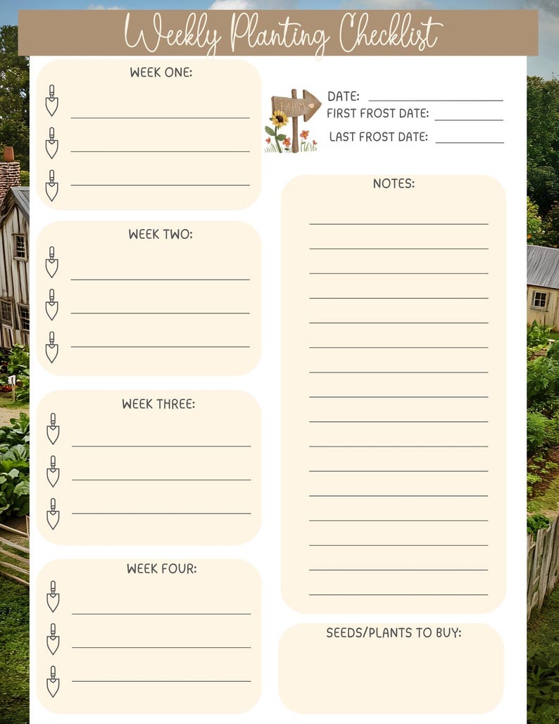 May include: A Weekly Planting Checklist with a beige background and a garden scene. The top of the checklist reads "Weekly Planting Checklist". The checklist includes sections for weeks one through four, date, frost dates, notes, and seeds/plants to buy.