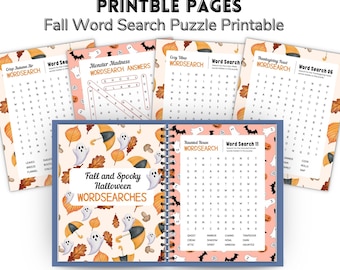 Fall Word Search Puzzle Printable 20 Pages | Halloween Word Search Games for Kids & Adults | Autumn Activity PDF | Homeschool Classroom Game