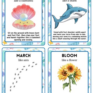 May include: Four illustrated cards with instructions for children's activities. The cards include "Clap like a clamshell", "Twist like a shark", "March like ants", and "Bloom like a flower". Each card has a blue border and a watercolor style.