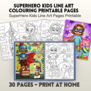May include: A collection of superhero-themed coloring pages. The image shows a spiral-bound book with several pages featuring line art of superheroes, along with the text "SUPERHERO KIDS LINE ART COLOURING PRINTABLE PAGES" and "30 PAGES - PRINT AT HOME".