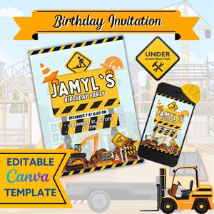 Modelo de convite de aniversário infantil editável para construção no Canva | Convite para festa de aniversário com caminhão basculante | Convite para festa de construção | Para imprimir