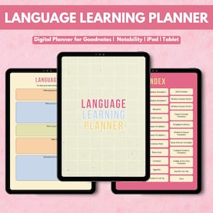 May include: A digital language learning planner displayed on three tablets. The center screen shows a grid background with the text LANGUAGE LEARNING PLANNER. The left screen shows goal setting sections, and the right screen shows an index of worksheets.