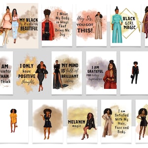 K&ouml;nnte beinhalten: Eine Collage aus 12 digitalen Illustrationen, die schwarze Frauen mit inspirierenden Botschaften zeigen. Die Illustrationen sind in verschiedenen Stilen gehalten und zeigen unterschiedliche Posen und Gesichtsausdr&uuml;cke. Die Botschaften beinhalten "My Black is Radiant Beautiful", "I Am Greater Than I Think", "I Only Have Positive Thoughts", "My Mind is Full of Brilliant Ideas", "I Am Grateful For Every Experience", "Black Girl Magic", "Accept It and Move On", "Hey Sis, You Got This!", "I Move My Body in Ways That Bring Me Joy", "Melanin Magic", "I Am Satisfied With My Hair, Face and Body", und "Dream It, Plan It, Do It."