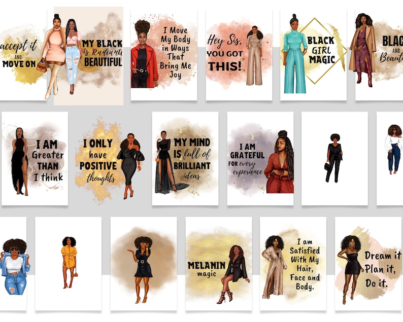 K&ouml;nnte beinhalten: Eine Collage aus 12 digitalen Illustrationen, die schwarze Frauen mit inspirierenden Botschaften zeigen. Die Illustrationen sind in verschiedenen Stilen gehalten und zeigen unterschiedliche Posen und Gesichtsausdr&uuml;cke. Die Botschaften beinhalten "My Black is Radiant Beautiful", "I Am Greater Than I Think", "I Only Have Positive Thoughts", "My Mind is Full of Brilliant Ideas", "I Am Grateful For Every Experience", "Black Girl Magic", "Accept It and Move On", "Hey Sis, You Got This!", "I Move My Body in Ways That Bring Me Joy", "Melanin Magic", "I Am Satisfied With My Hair, Face and Body", und "Dream It, Plan It, Do It."