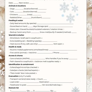 May include: A printable pet and livestock care plan with a winter theme. The document includes sections for animal locations, feeding, warmth, health, and evacuation procedures. The title reads "PET & LIVESTOCK CARE PLAN".
