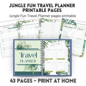 Può includere: Un pianificatore di viaggio stampabile a tema giungla. Il pianificatore include pagine per il monitoraggio dell'alloggio, la ricerca, le liste di cose da fare e la pianificazione del budget. La copertina presenta il testo "Travel Planner" e illustrazioni botaniche. Il testo "43 PAGES - PRINT AT HOME" è incluso.