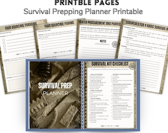 May include: A survival prepping planner with printable pages. The planner includes sections on food sourcing, water procurement, and a survival kit checklist. The cover reads "Survival Prep Planner" and the text "34 pages - print at home".