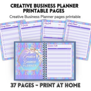 May include: A spiral-bound Creative Business Planner with printable pages. The planner features a blue cover with gold accents and includes sections for daily planning, to-do lists, and goal setting. The text on the cover reads "Creative Business Planner". The image also includes the text "37 PAGES - PRINT AT HOME".