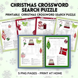 Christmas Crossword Puzzles Printable | 5 PNG Christmas Crossword Puzzles with Hand-Painted Ornaments | Fun Christmas Game Activity