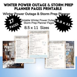May include: Printable winter power outage and storm prep planner pages. The image shows a planner with 27 pages, including emergency contacts and after-storm action review. The planner is 21.6 x 27.9 cm in size.