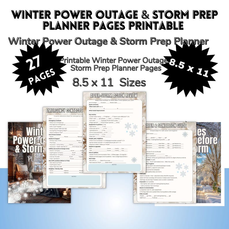 May include: Printable winter power outage and storm prep planner pages. The image shows a planner with 27 pages, including emergency contacts and after-storm action review. The planner is 21.6 x 27.9 cm in size.