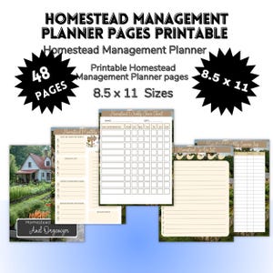 May include: Printable homestead management planner pages. The pages are 8.5 x 11 inches in size and include 48 pages. The planner includes a weekly chore chart, monthly tasks, and a to-do list.