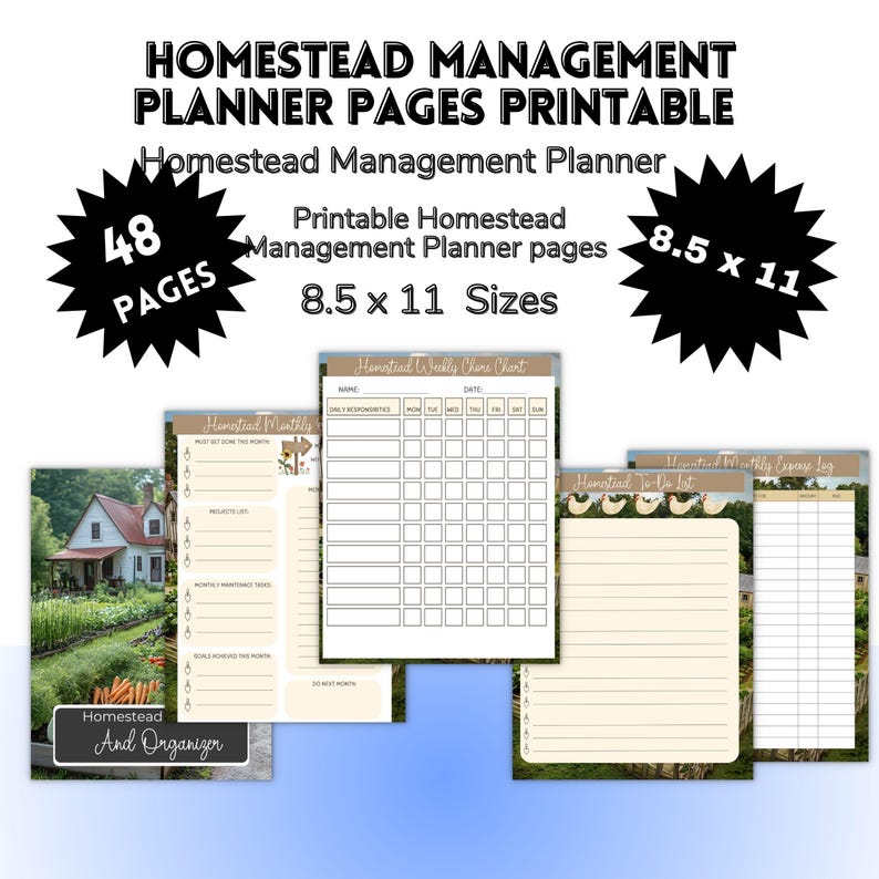 May include: Printable homestead management planner pages. The pages are 8.5 x 11 inches in size and include 48 pages. The planner includes a weekly chore chart, monthly tasks, and a to-do list.