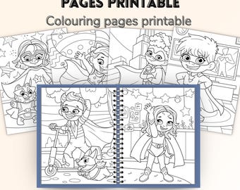 May include: A set of 30 printable coloring pages featuring superhero kids. The pages are black and white and feature various characters in superhero poses. The text "SUPERHERO KIDS COLOURING PAGES PRINTABLE" and "Colouring pages printable" is at the top of the image. The text "30 PAGES - PRINT AT HOME" is at the bottom of the image.