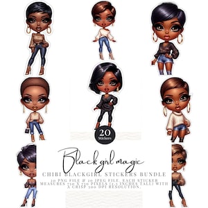 20 Schwarze Mädchen Magie Digitale Aufkleber | GoodNotes Aufkleber | PNG- und JPG-Dateien | Druckbare Aufkleber, begrenzte kommerzielle Nutzung , Melanin , Chibi